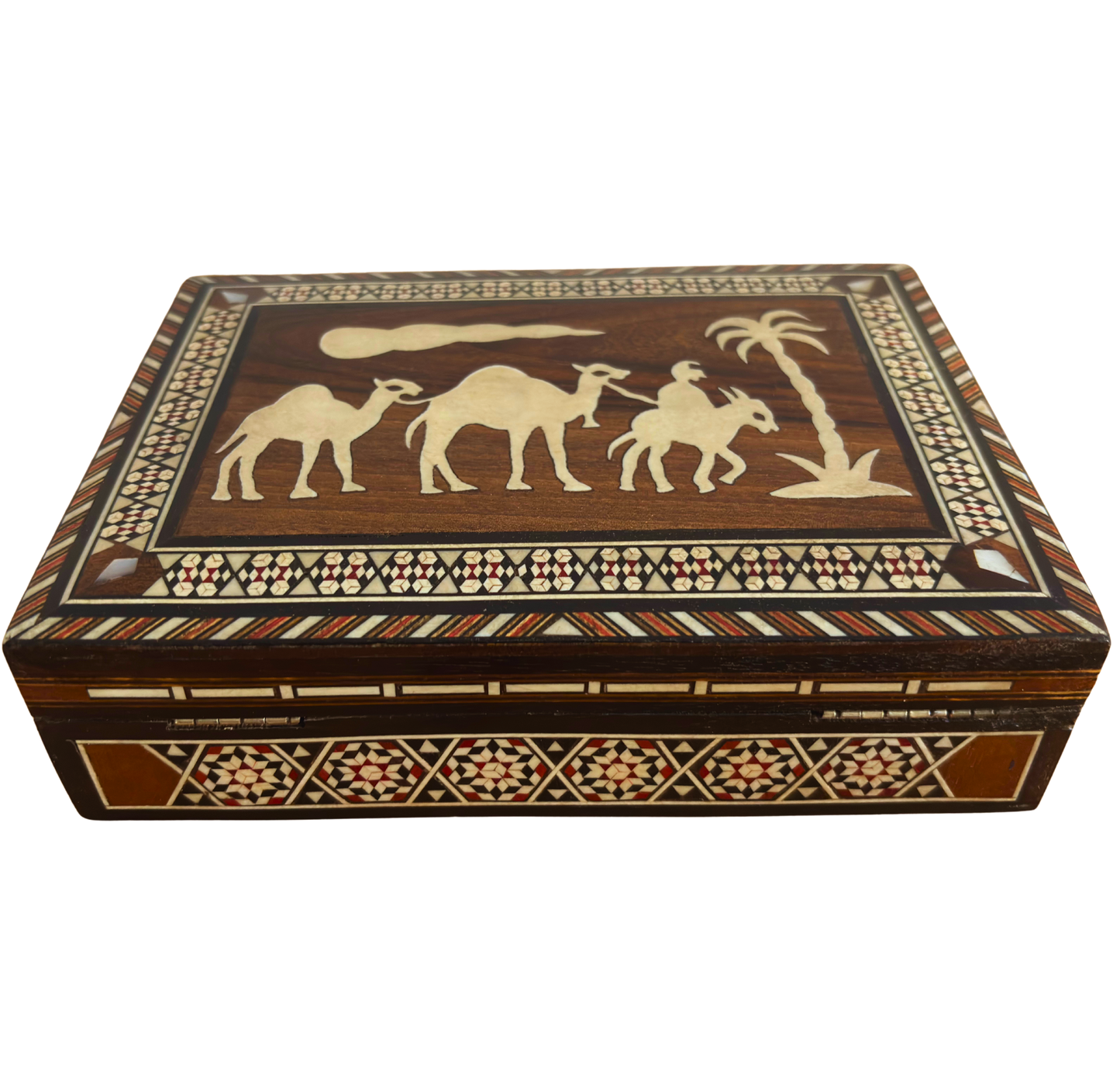 Caixa vintage de mosaico damasceno dos anos 70, design de camelo, caixa artesanal síria para lembranças