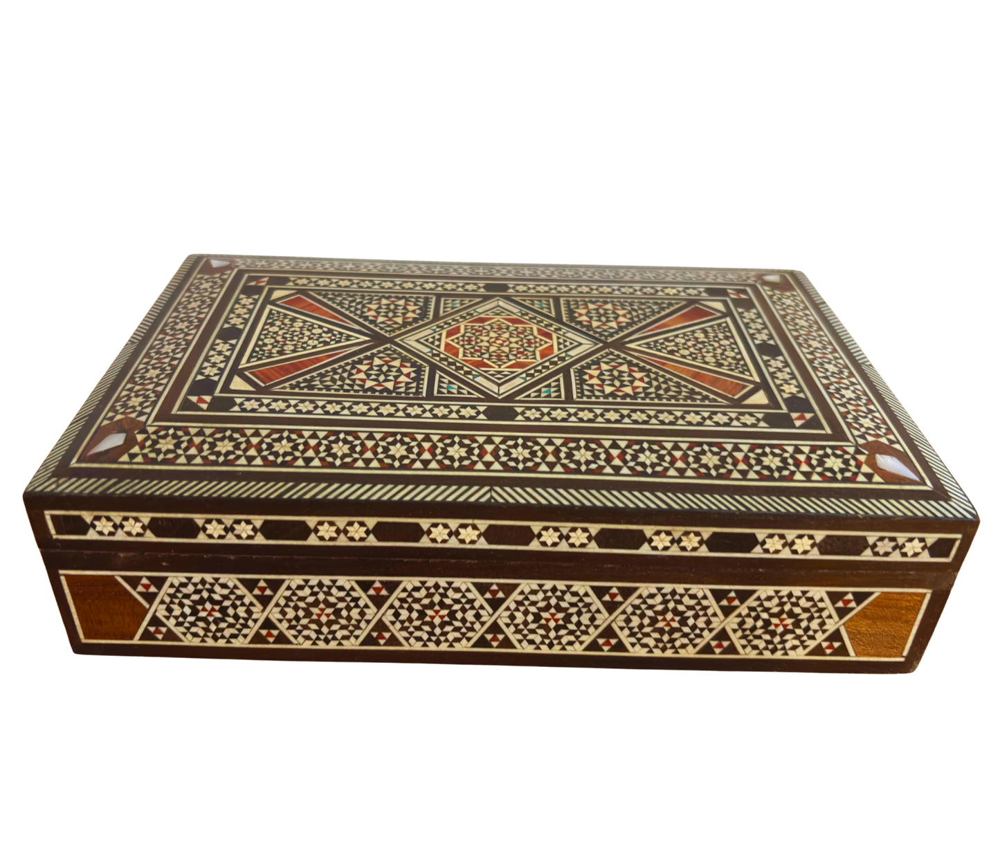 Caixa de Joias em Mosaico Damasceno Vintage 1970 – Incrustação Oriental Artesanal com Madrepérola