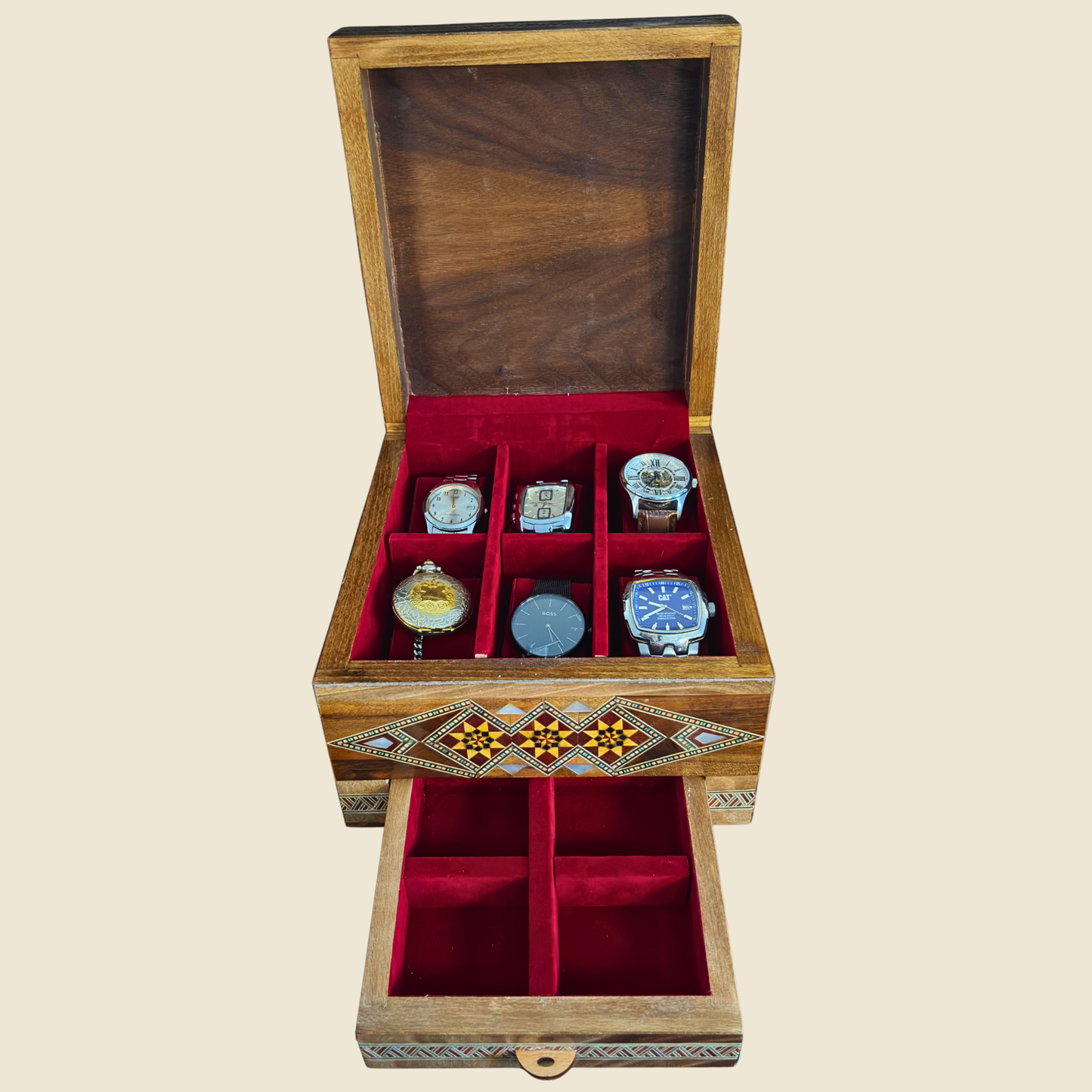 Damascene Mozaïek Horlogedoos voor 6 Horloges – Parelmoer & Fluweel