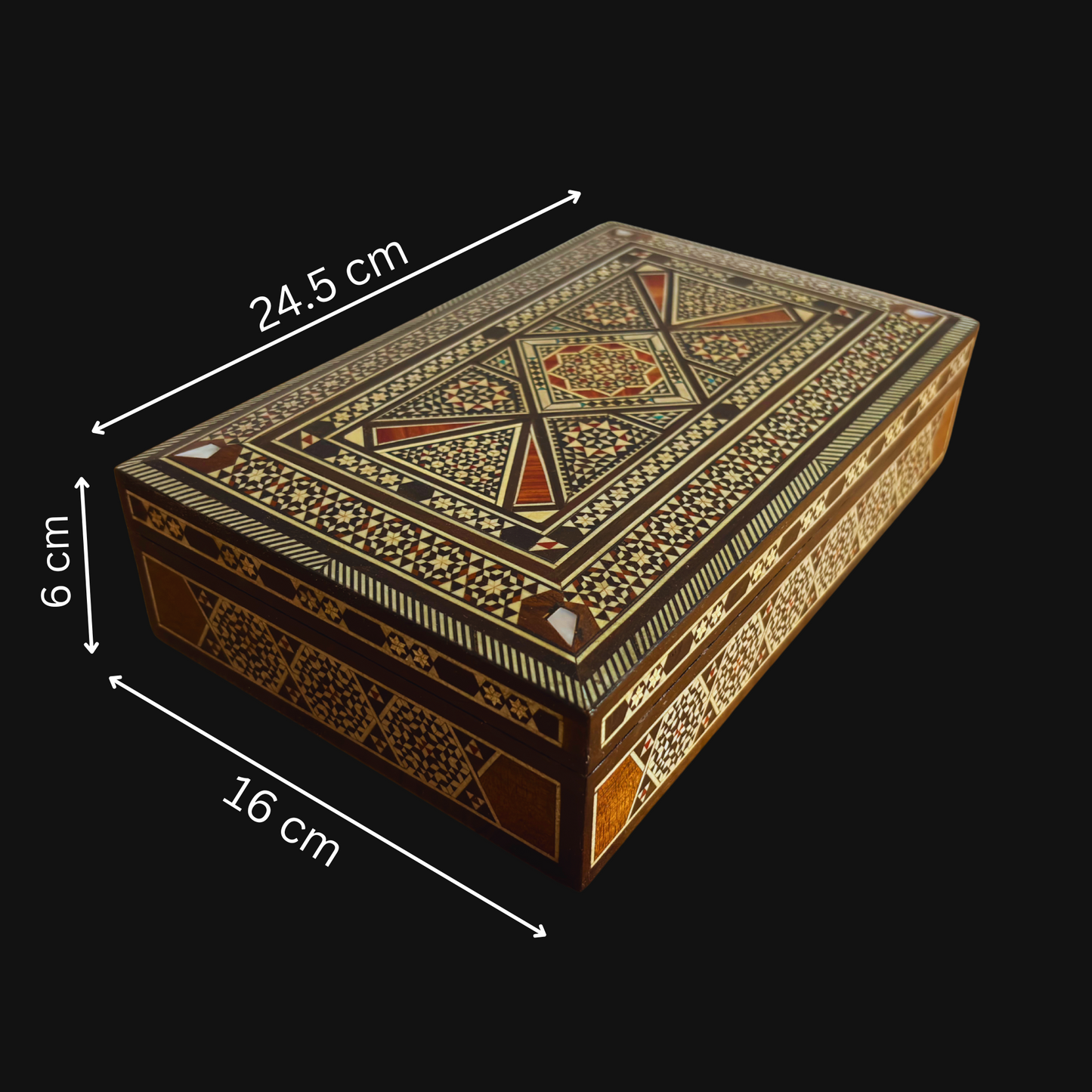 Vintage 1970 Damask Mozaik Takı Kutusu – El Yapımı Oriental Sedef Kakmalı