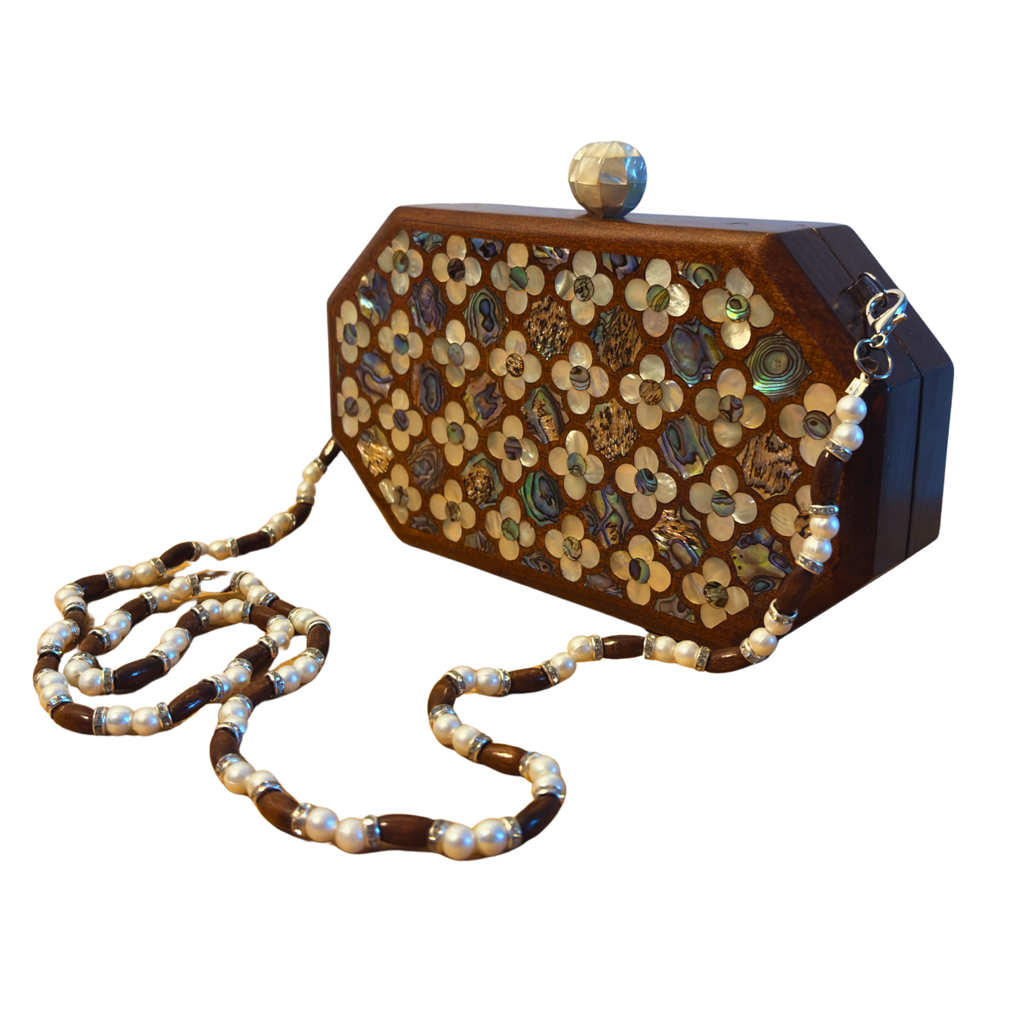 Jouri – Pochette Damasquine de Luxe avec Nacre Florale & Chaîne de Perles