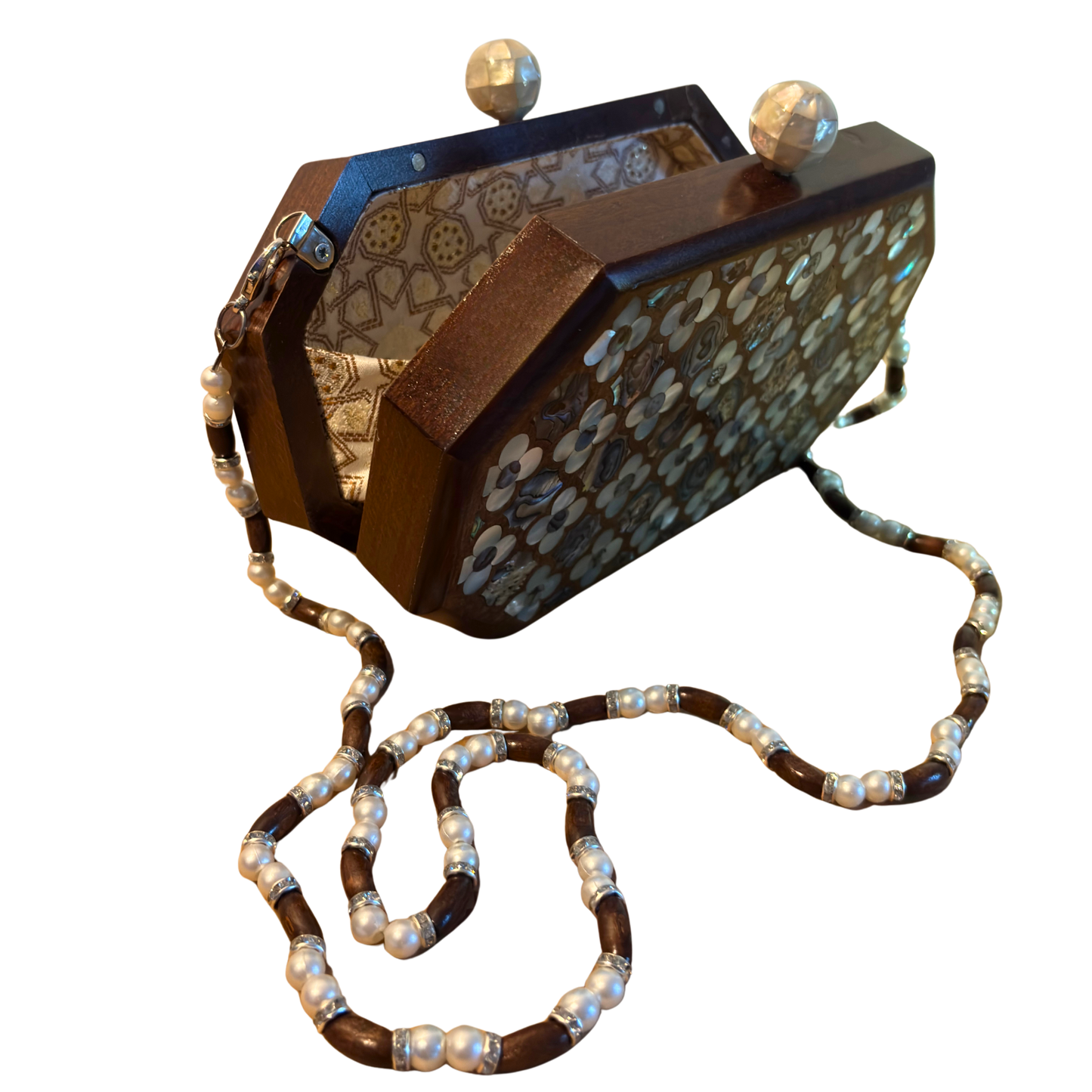 Jouri – Pochette Damasquine de Luxe avec Nacre Florale & Chaîne de Perles