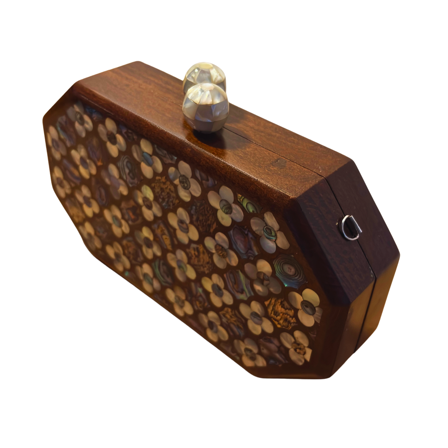 Jouri – Pochette Damasquine de Luxe avec Nacre Florale & Chaîne de Perles