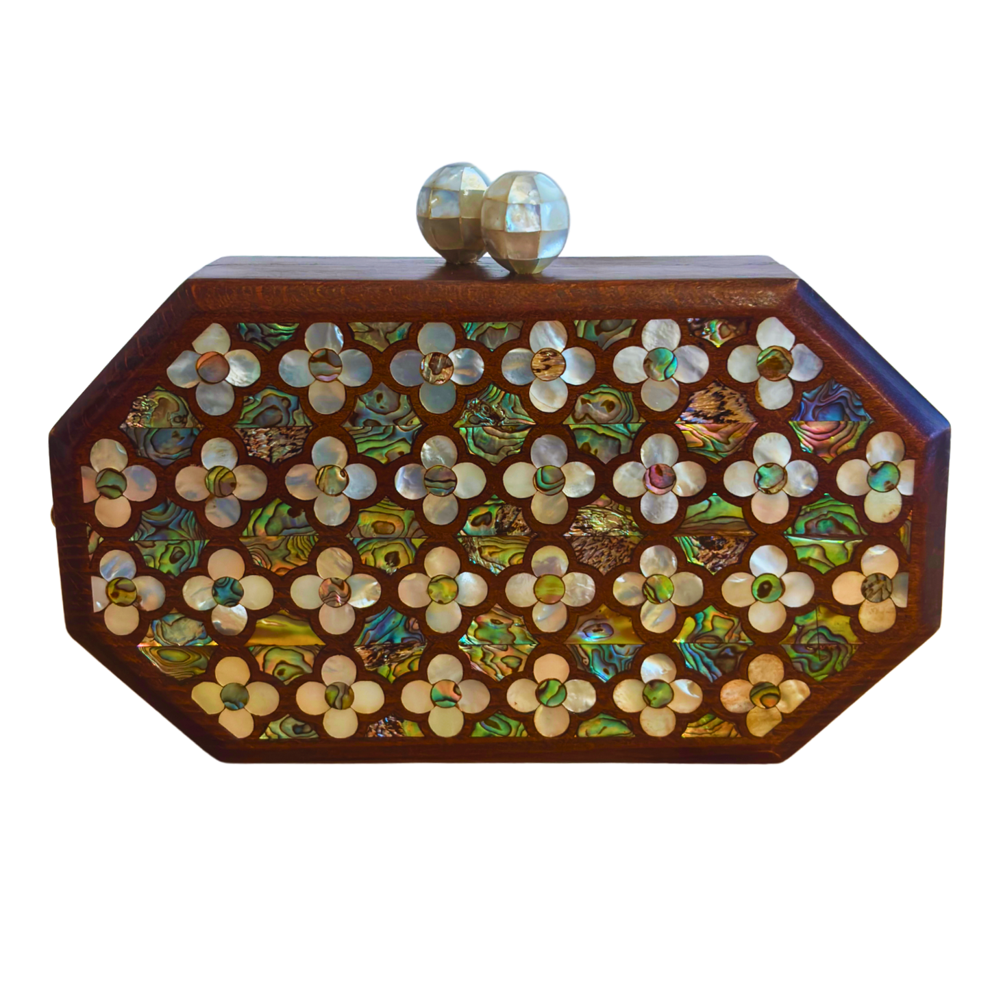 Jouri – Pochette Damasquine de Luxe avec Nacre Florale & Chaîne de Perles