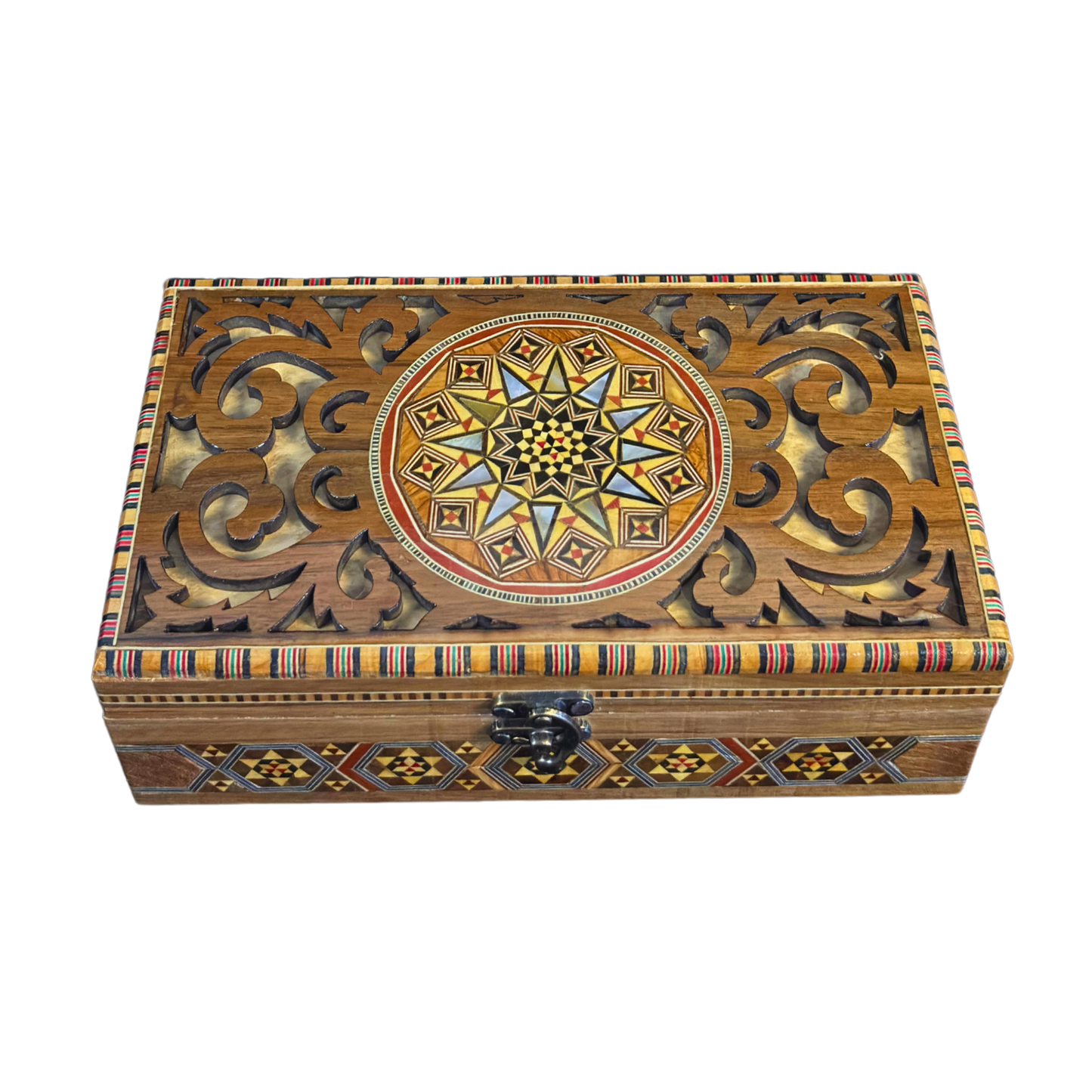 Boîte en Mosaïque Damascène Faite Main – Nacre & Sculpture Artisanale
