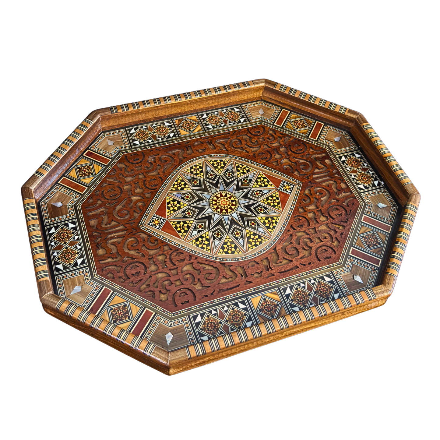 Plateau de Service en Mosaïque Damascène – Nacre & Sculpture Artisanale