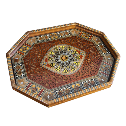 Plateau de Service en Mosaïque Damascène – Nacre & Sculpture Artisanale