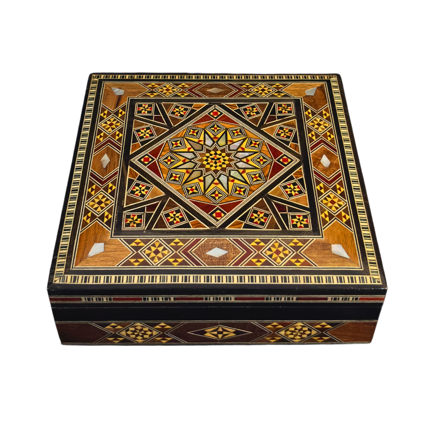 Handgefertigte Mosaik-Schatulle aus Damaskus – Perlmutt & Samt
