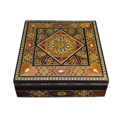 Handgefertigte Mosaik-Schatulle aus Damaskus – Perlmutt & Samt
