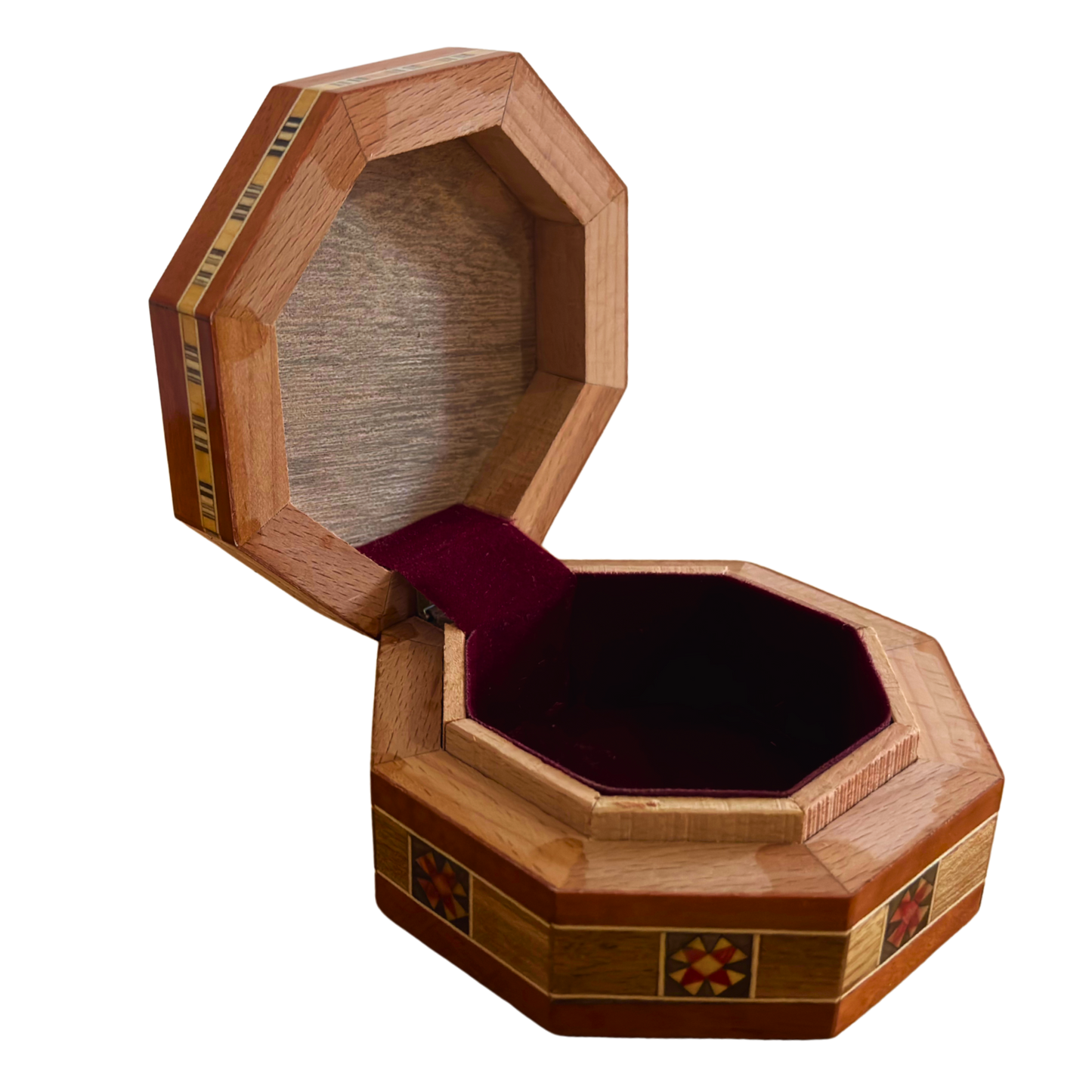 Boîte octogonale en mosaïque damasquinée pour bijoux – Bois artisanal et incrustations en nacre en terracotta rustique et chaleureux