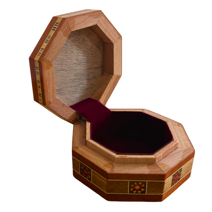 Boîte octogonale en mosaïque damasquinée pour bijoux – Bois artisanal et incrustations en nacre en terracotta rustique et chaleureux