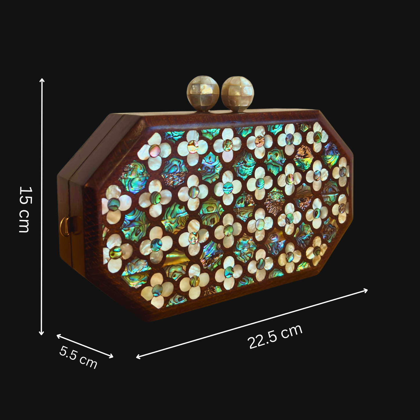 Jouri – Pochette Damasquine de Luxe avec Nacre Florale & Chaîne de Perles