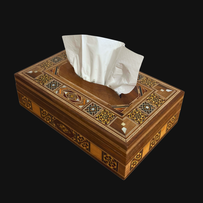 Elegante Caja de Pañuelos Damasquina en Madera – Nácar Incrustado & Interior de Terciopelo