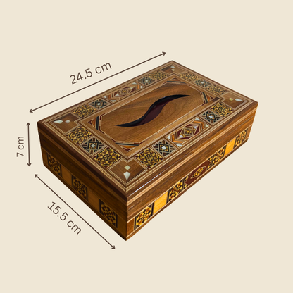 Élégante Boîte à Mouchoirs Damasquine en Bois – Incrustation de Nacre & Intérieur en Velours