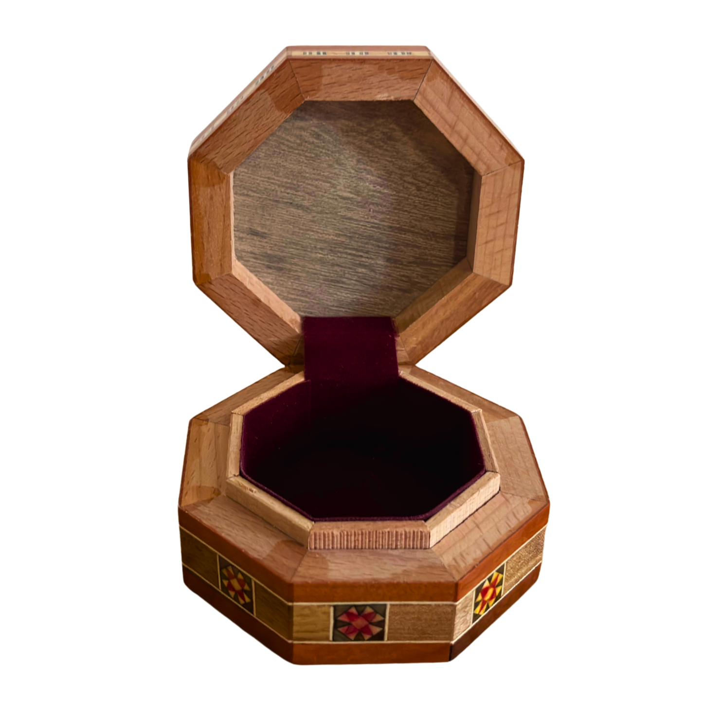 Boîte octogonale en mosaïque damasquinée pour bijoux – Bois artisanal et incrustations en nacre en terracotta rustique et chaleureux