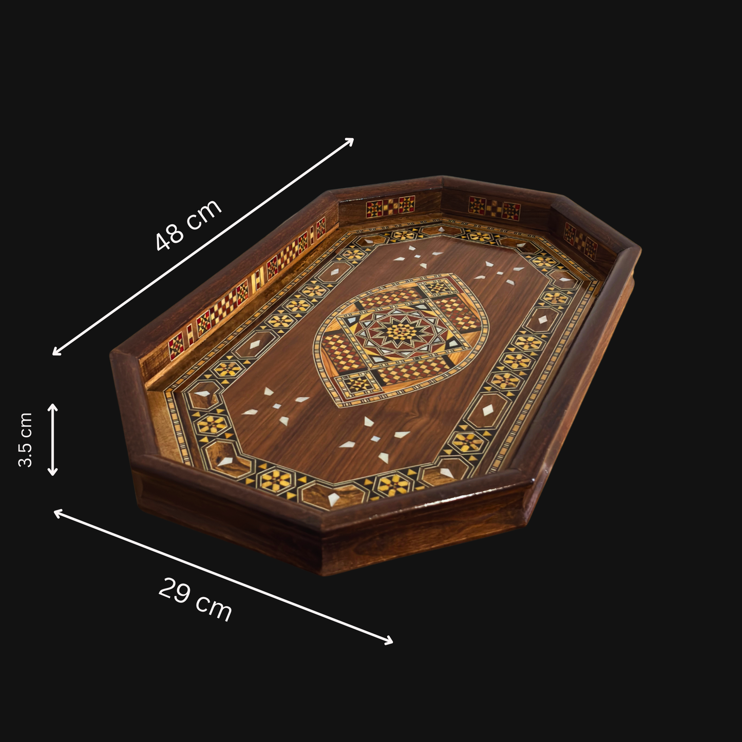 Plateau Damasquiné en Bois – Incrustation de Nacre & Finition Noyer
