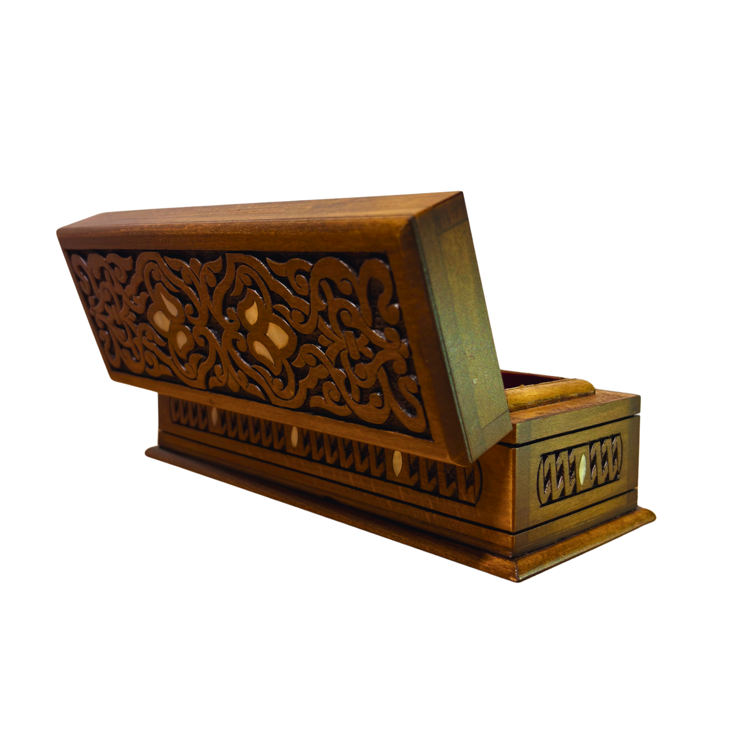 Handgesneden Luxe Doos uit Damascus – Parelmoer & Fluweel