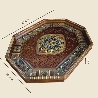 Plateau de Service en Mosaïque Damascène – Nacre & Sculpture Artisanale