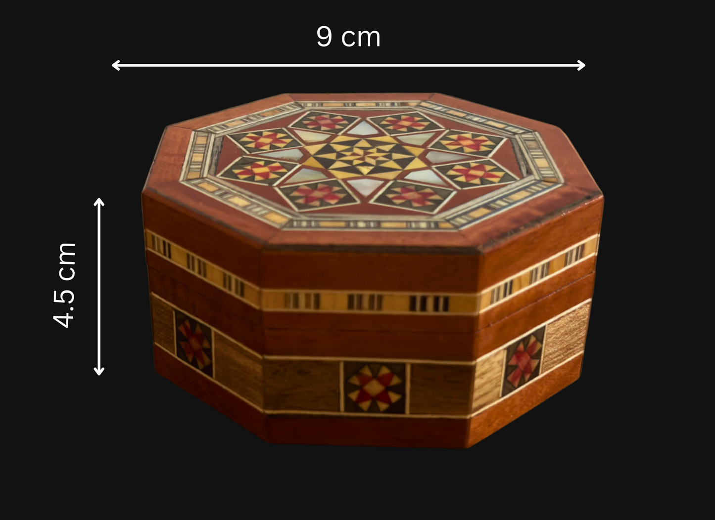 Boîte octogonale en mosaïque damasquinée pour bijoux – Bois artisanal et incrustations en nacre en terracotta rustique et chaleureux