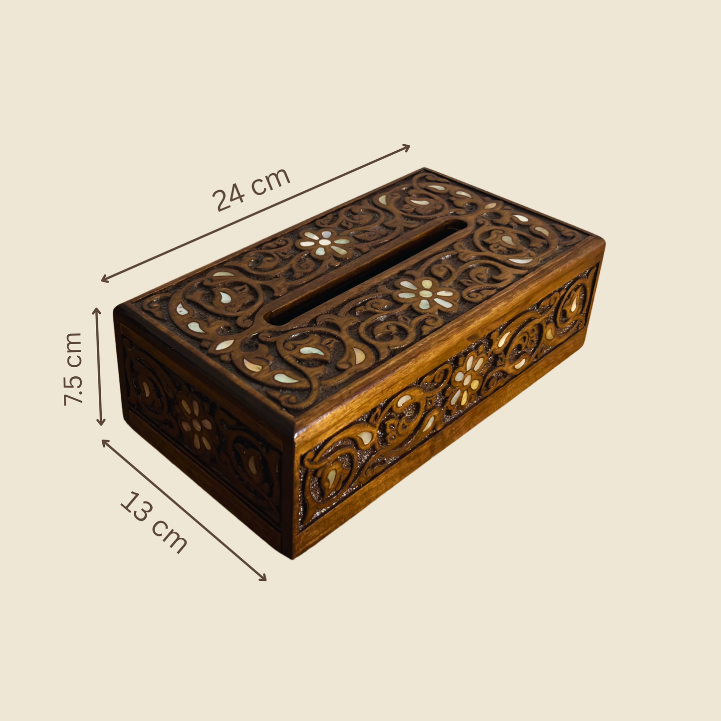 Boîte à Mouchoirs en Hêtre Sculptée à la Main – Finition Noyer et Nacre