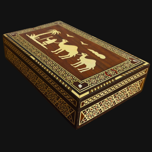 Rara Caja de Mosaico Camello Vintage 1970 – Arte Oriental Damasceno Hecho a Mano con Incrustación de Perla