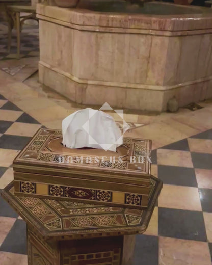 Élégante Boîte à Mouchoirs Damasquine en Bois – Incrustation de Nacre & Intérieur en Velours